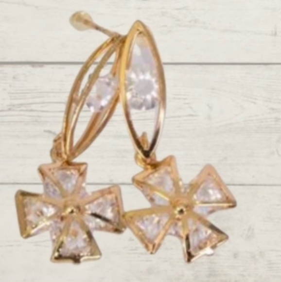 Cross Crystal Gold CZ dangle Earrings 1.75" long x0.75 wide Goldtone NEW - Picture 2 of 4